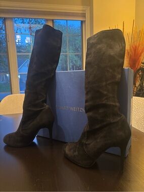 Stuart Weitzman Black Suede Knee-High Stiletto Boots